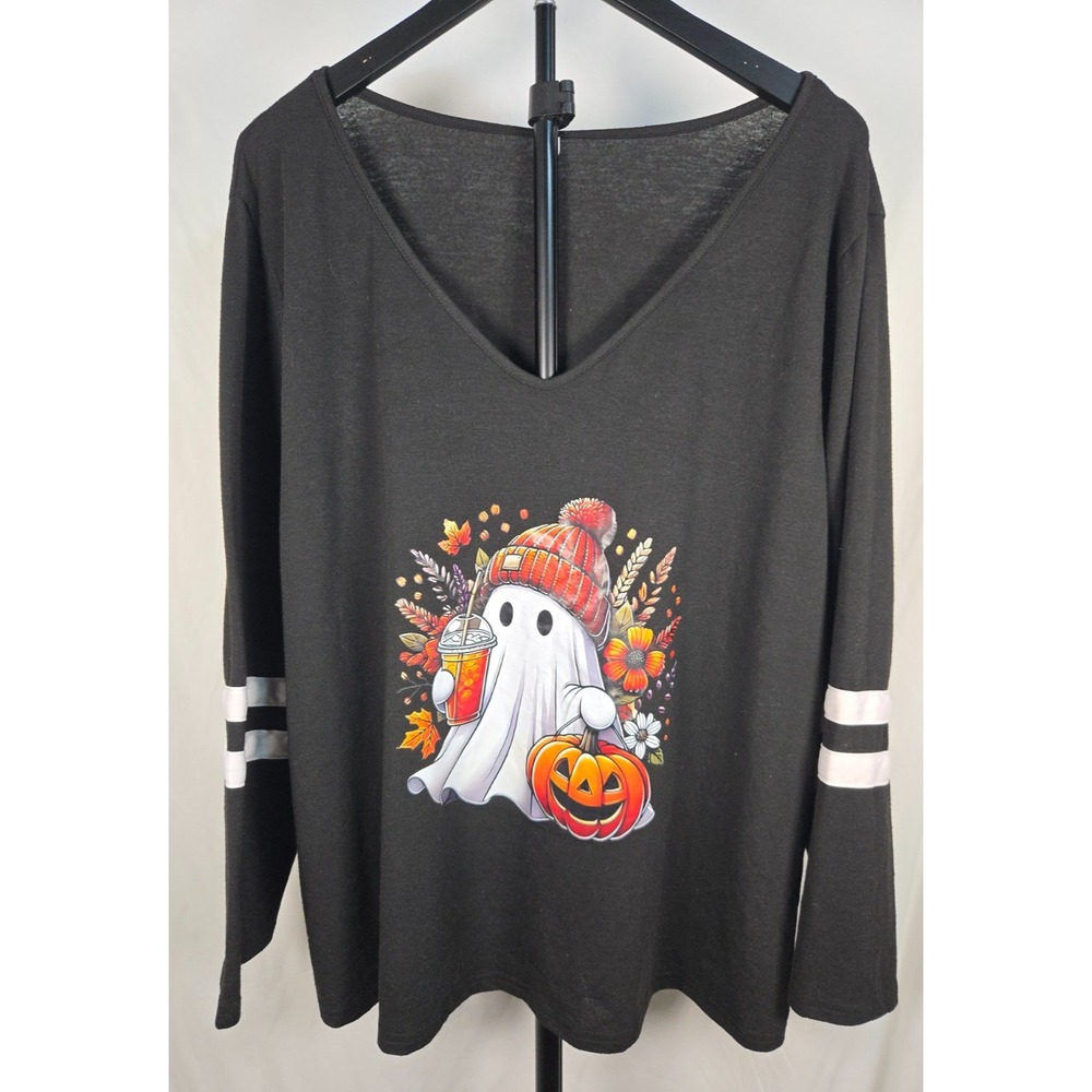 Women's 2XL Halloween Ghost Pumpkin V-Neck Top Black Striped Sleeves Fall Spooky